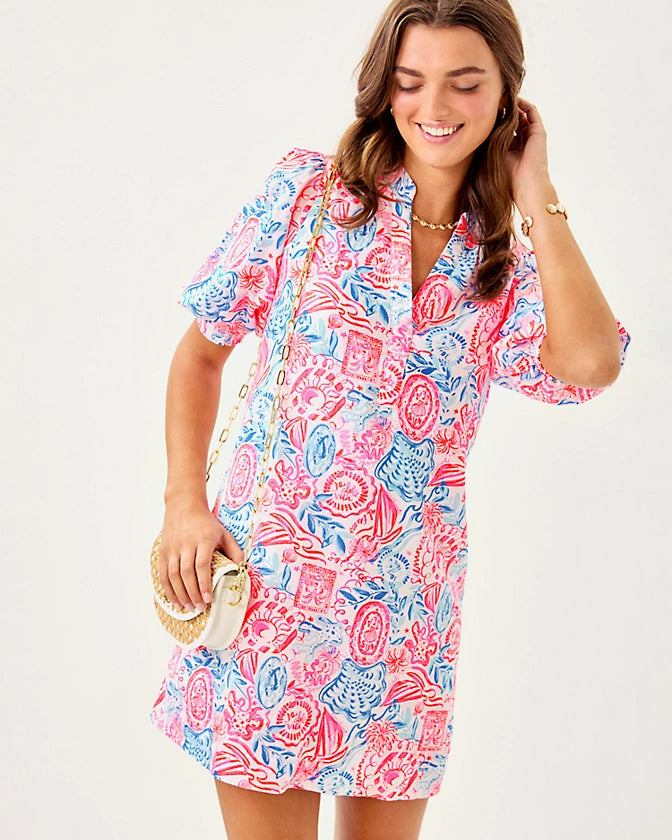 Mialeigh Elbow Sleeve Linen Dress (Fresh Water Blue Sunbathers)
