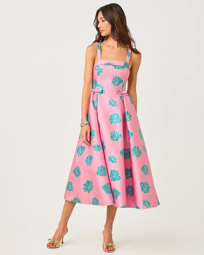 Rissy Midi Dress (Conch Shell Pink Jungle Flower Brocade)
