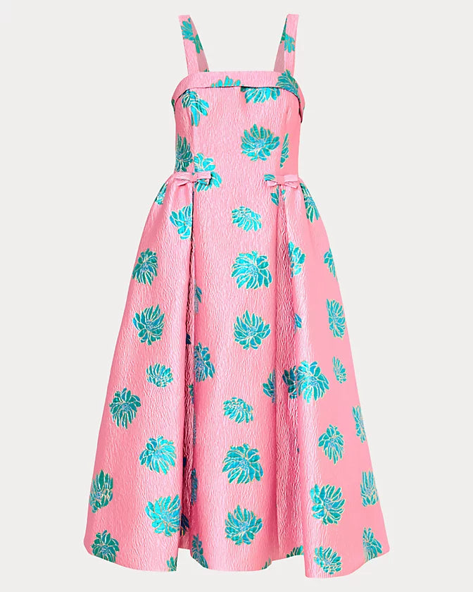 Rissy Midi Dress (Conch Shell Pink Jungle Flower Brocade)