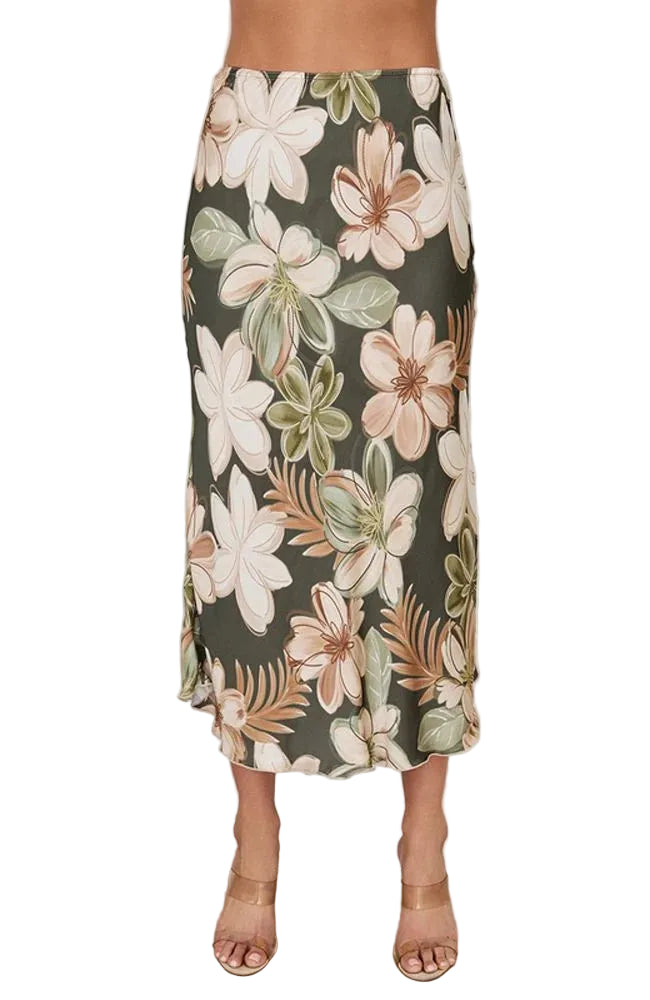 Bahama Floral Print Maxi Skirt (Army Green)