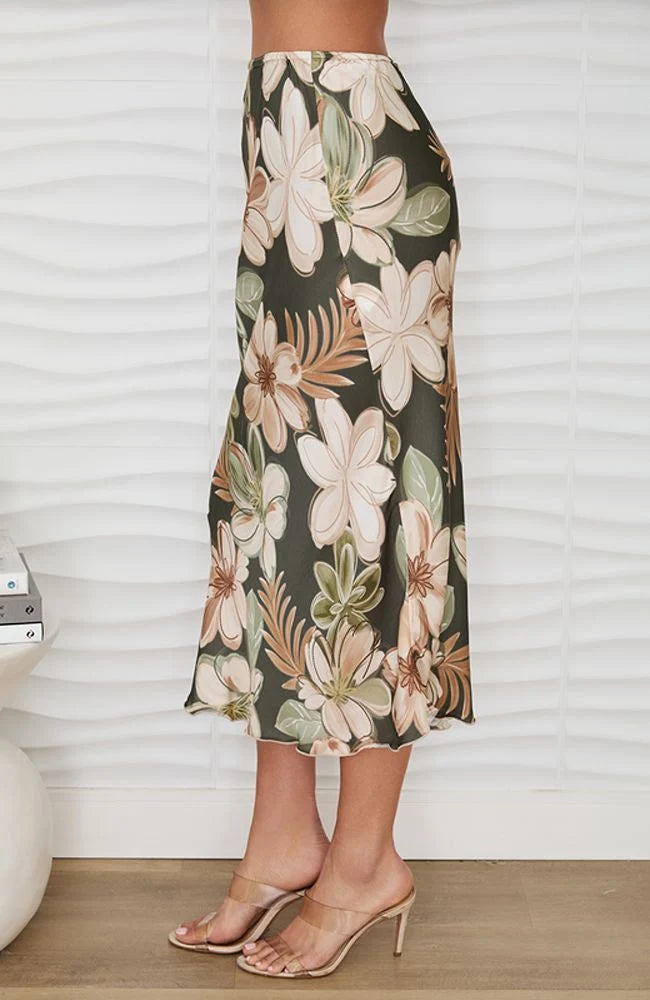 Bahama Floral Print Maxi Skirt (Army Green)