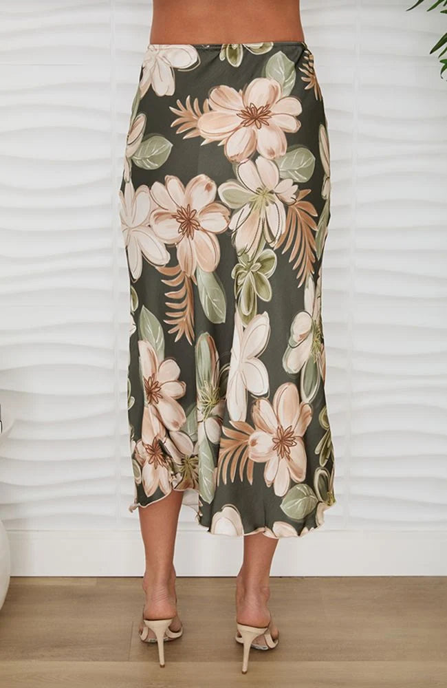 Bahama Floral Print Maxi Skirt (Army Green)