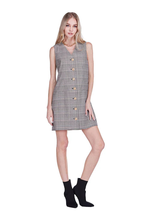 V-neck Buttons Fitted Dress  (Plaid)