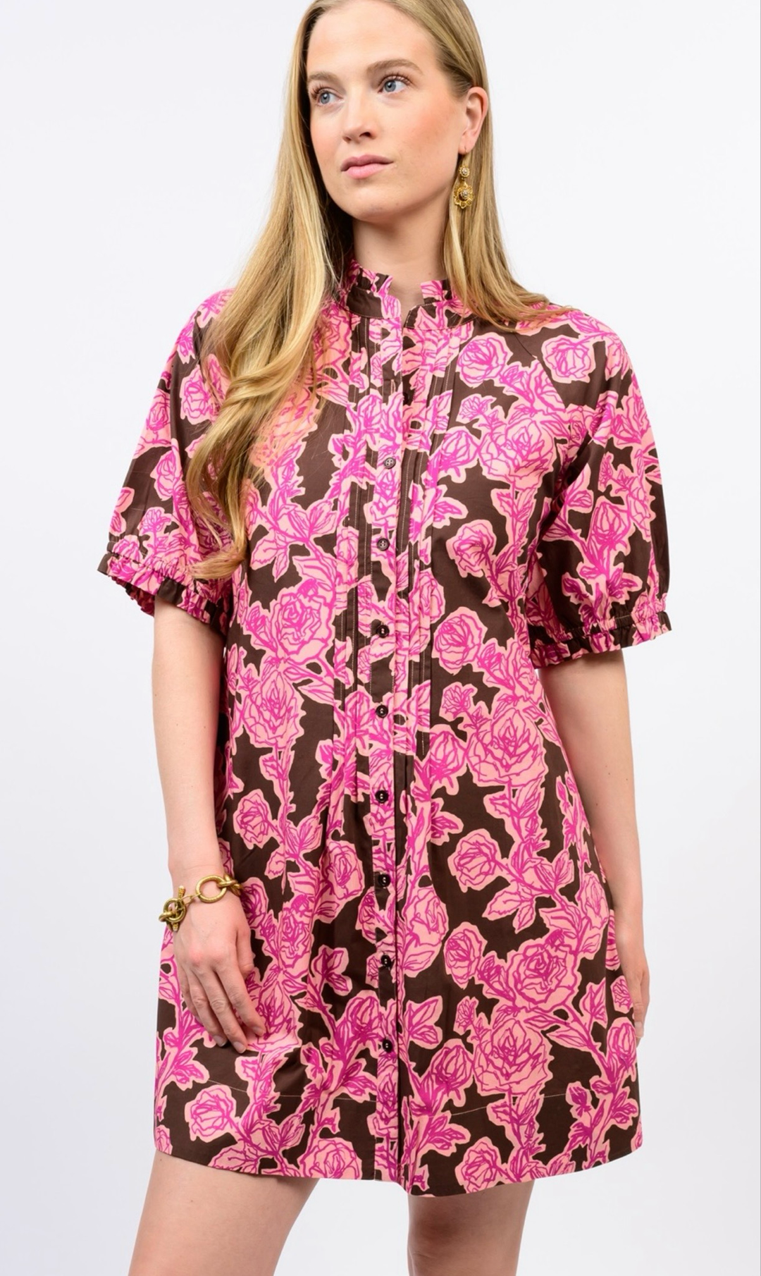Rose Pin Tuck Dress (Brown)