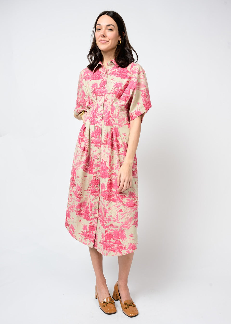 Toile Tucked Dress (Pink)