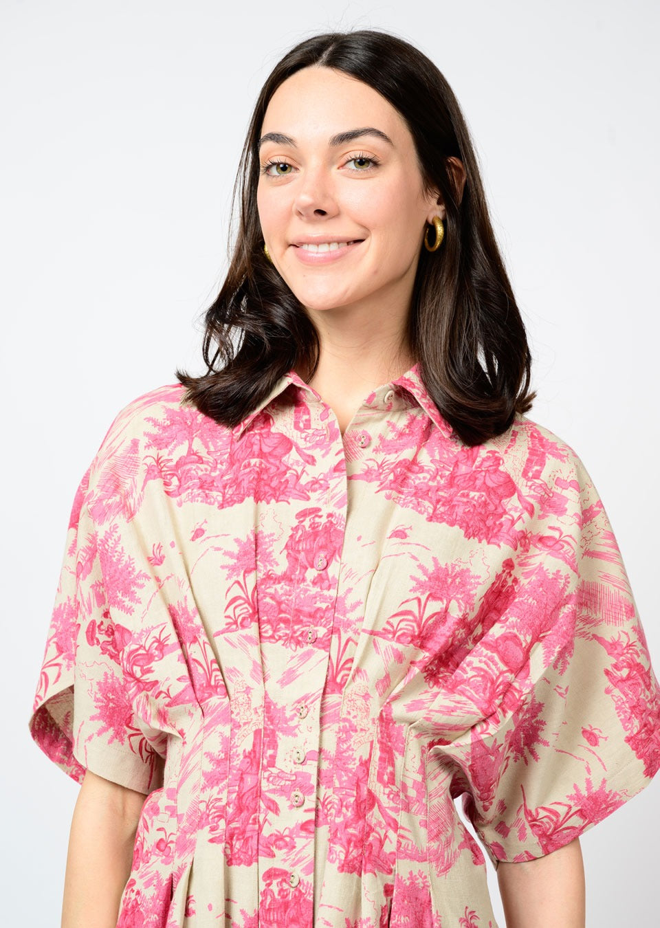 Toile Tucked Dress (Pink)