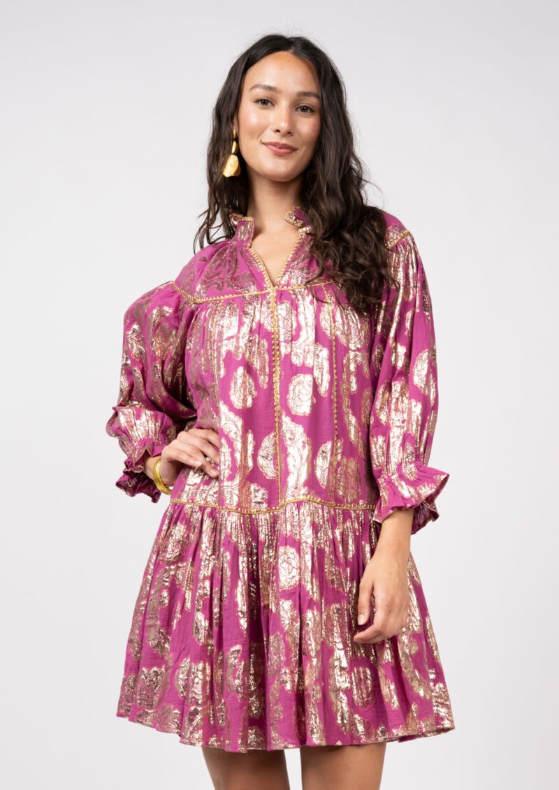 Metallic Roses Swing Dress (Raspberry)