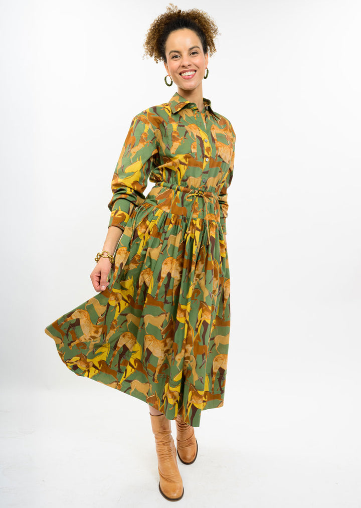 Horse Button Down Maxi Dress (Green)