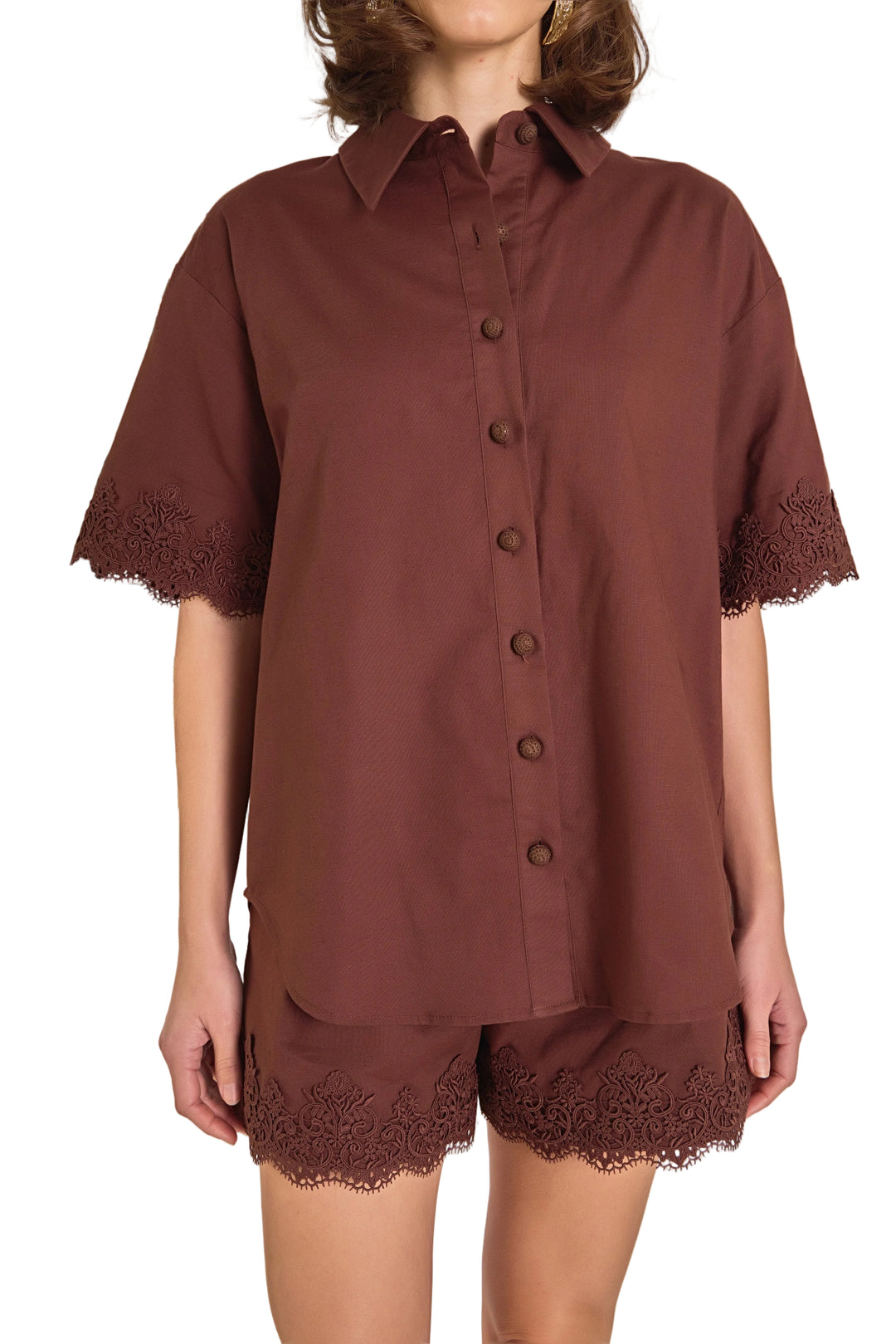Linen Lace Trim Shirt (Chocolate Brown)