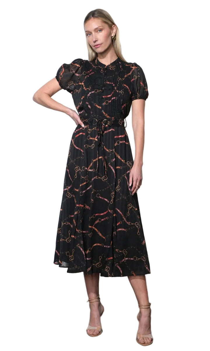 Rosa Button Front Pintuck Midi Dress (Black)