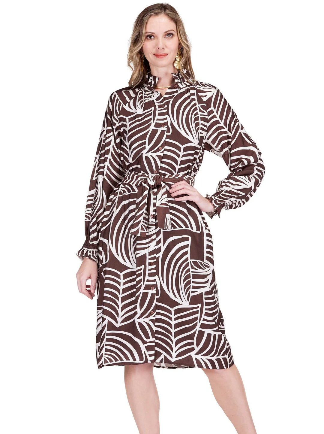 Gathers Neck Midi Dress (Brown Ferns)
