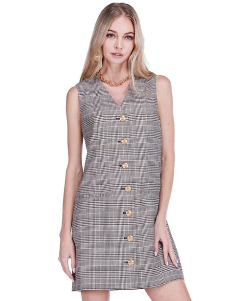 V-neck Buttons Fitted Dress  (Plaid)