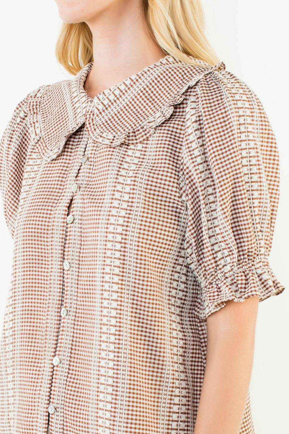 Puff Sleeve Gingham Patterned Top (Brown)