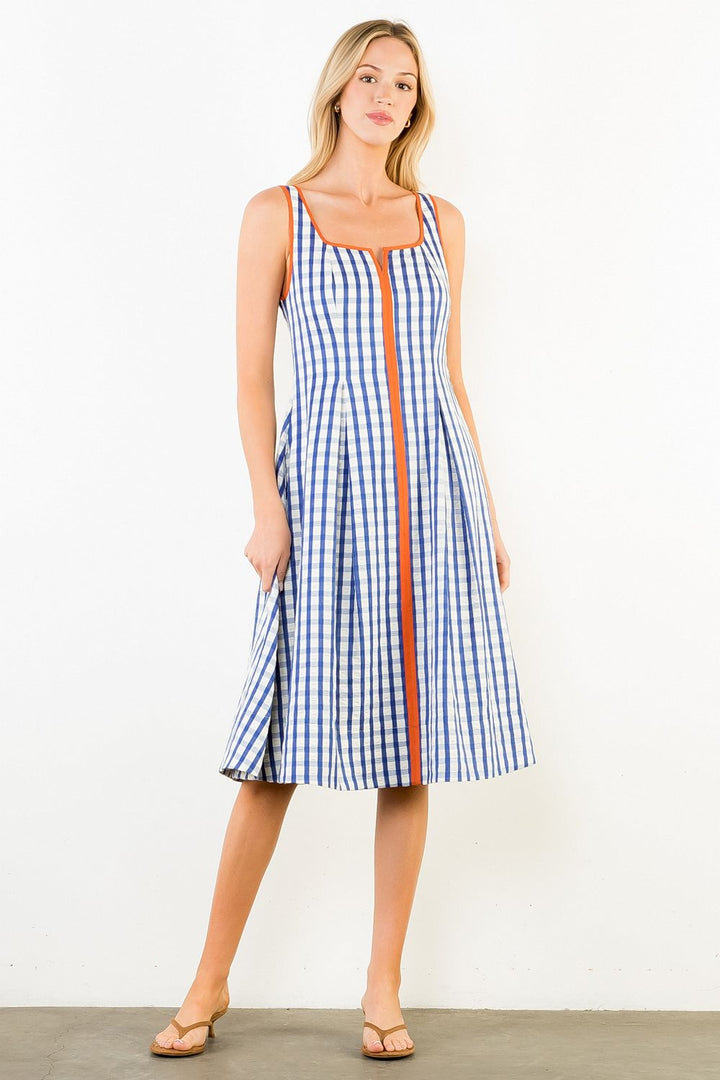 Thin Strap Gingham Pattern Dress (Navy)