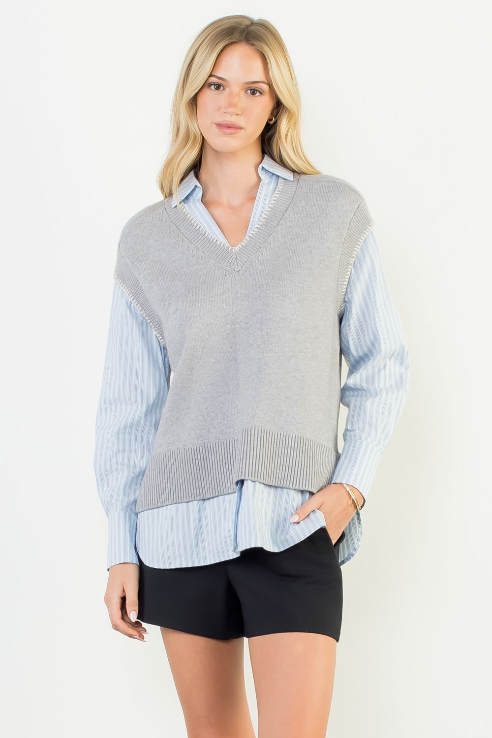 V-Neck Layered Knit Top (Heather Gray)