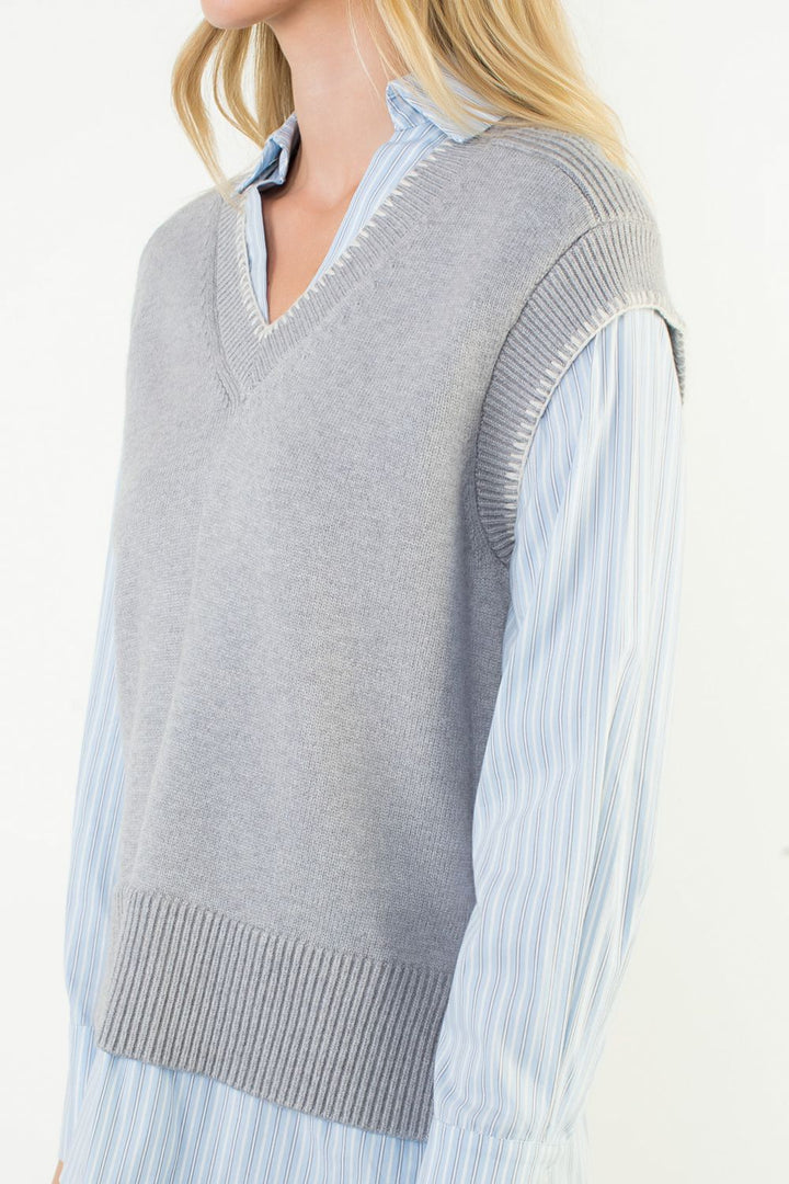 V-Neck Layered Knit Top (Heather Gray)